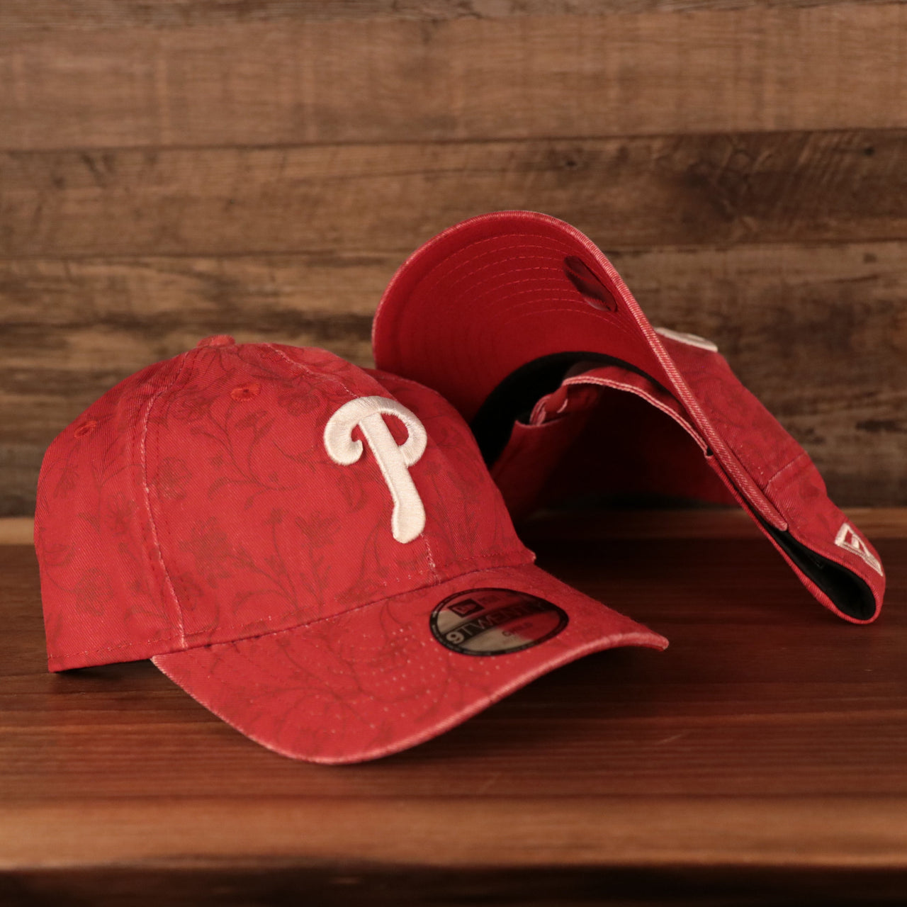 front and bottom of the Philadelphia Phillies Floral Pattern Red Child 9Twenty Adjustable Dad Hat