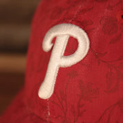 front logo on the Philadelphia Phillies Floral Pattern Red Child 9Twenty Adjustable Dad Hat