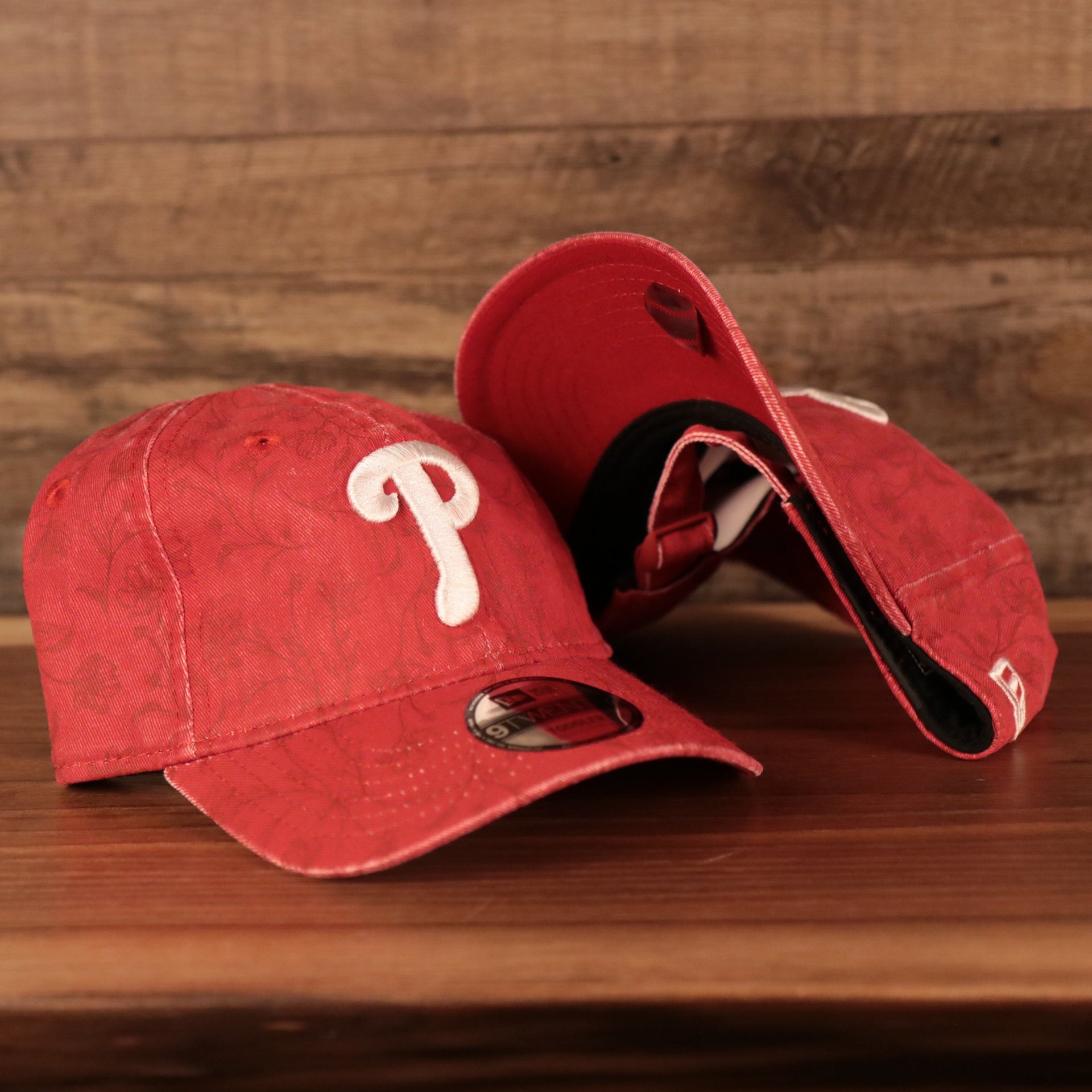 front and bottom of thePhiladelphia Phillies Floral Pattern Red Toddler 9Twenty Adjustable Dad Hat