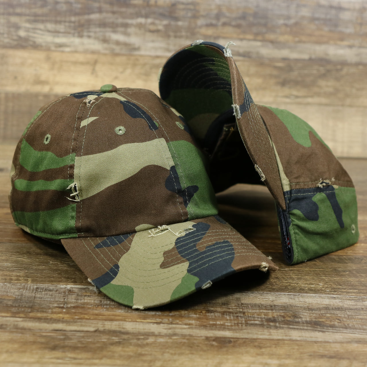 The Forest Camo Bent Brim Distressed Blank Baseball Hat | Dark Green Dad Hat
