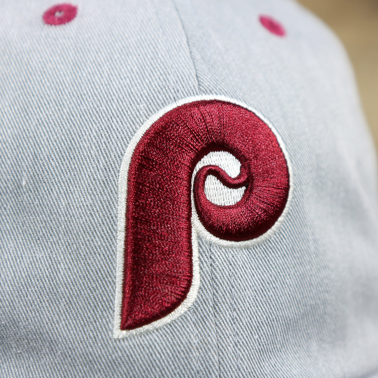 The Cooperstown Phillies Logo on the Cooperstown Phillies Logo Green Bottom Philadelphia Phillies Dad Hat | Gray Dad Hat