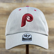 The front of the Cooperstown Phillies Logo Green Bottom Philadelphia Phillies Dad Hat | Gray Dad Hat
