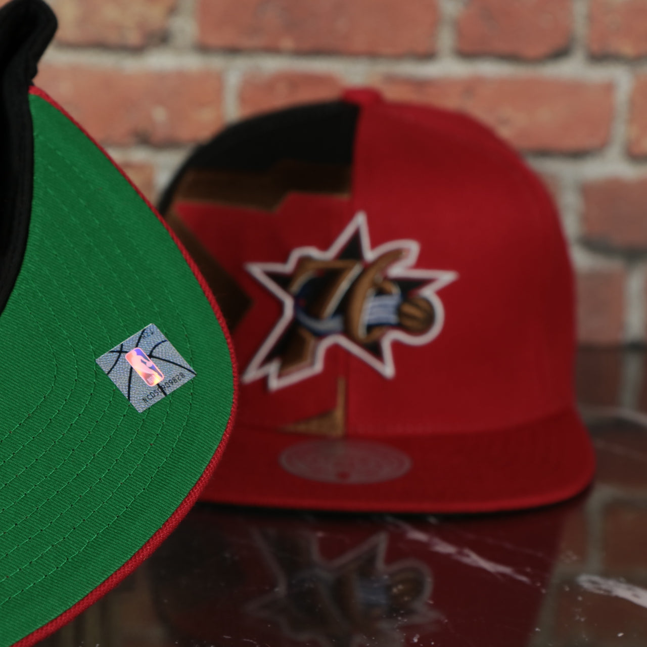 green under visor on the Philadelphia 76ers Retroline Logo Outline Vintage Snapback Hat | Mitchell and Ness 76ers Snap Cap