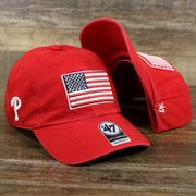 The Philadelphia Phillies SIde Patch USA Flag Front Logo Stars And Stripes Dad Hat | Red Dad Hat