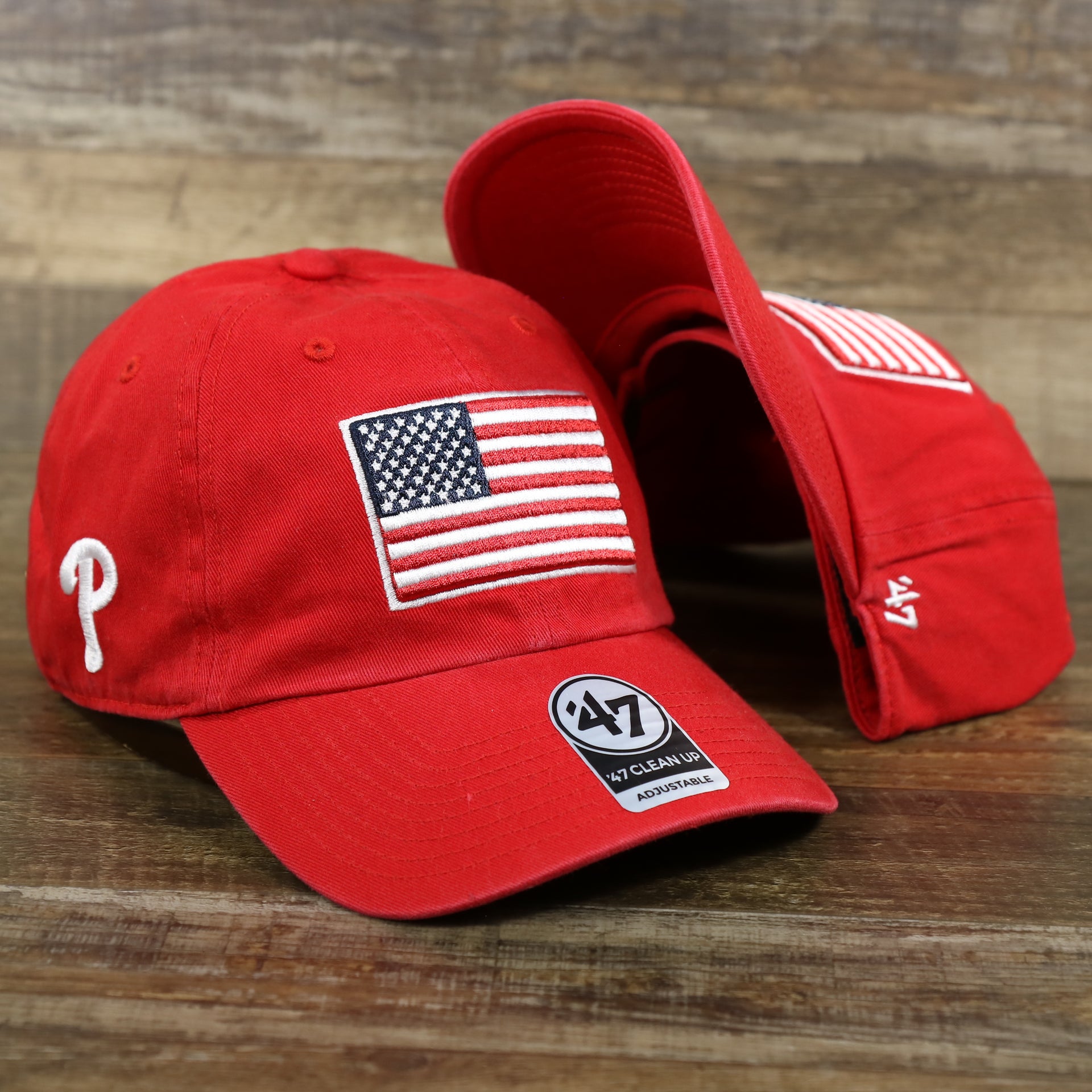 The Philadelphia Phillies SIde Patch USA Flag Front Logo Stars And Stripes Dad Hat | Red Dad Hat