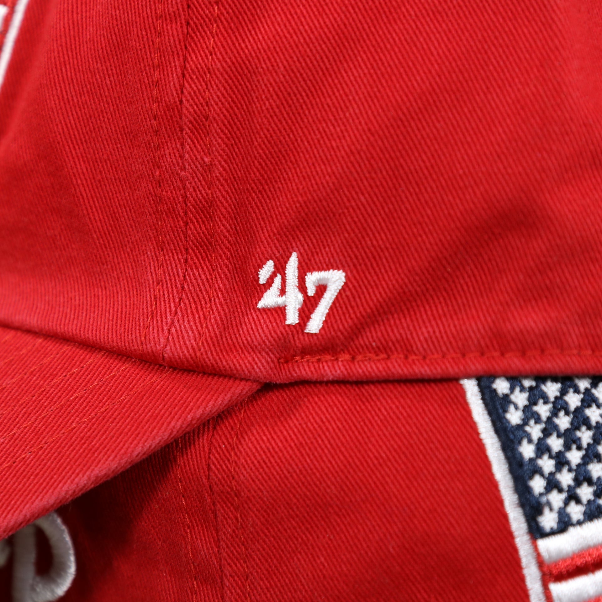 The 47 Brand Logo on the Philadelphia Phillies SIde Patch USA Flag Front Logo Stars And Stripes Dad Hat | Red Dad Hat