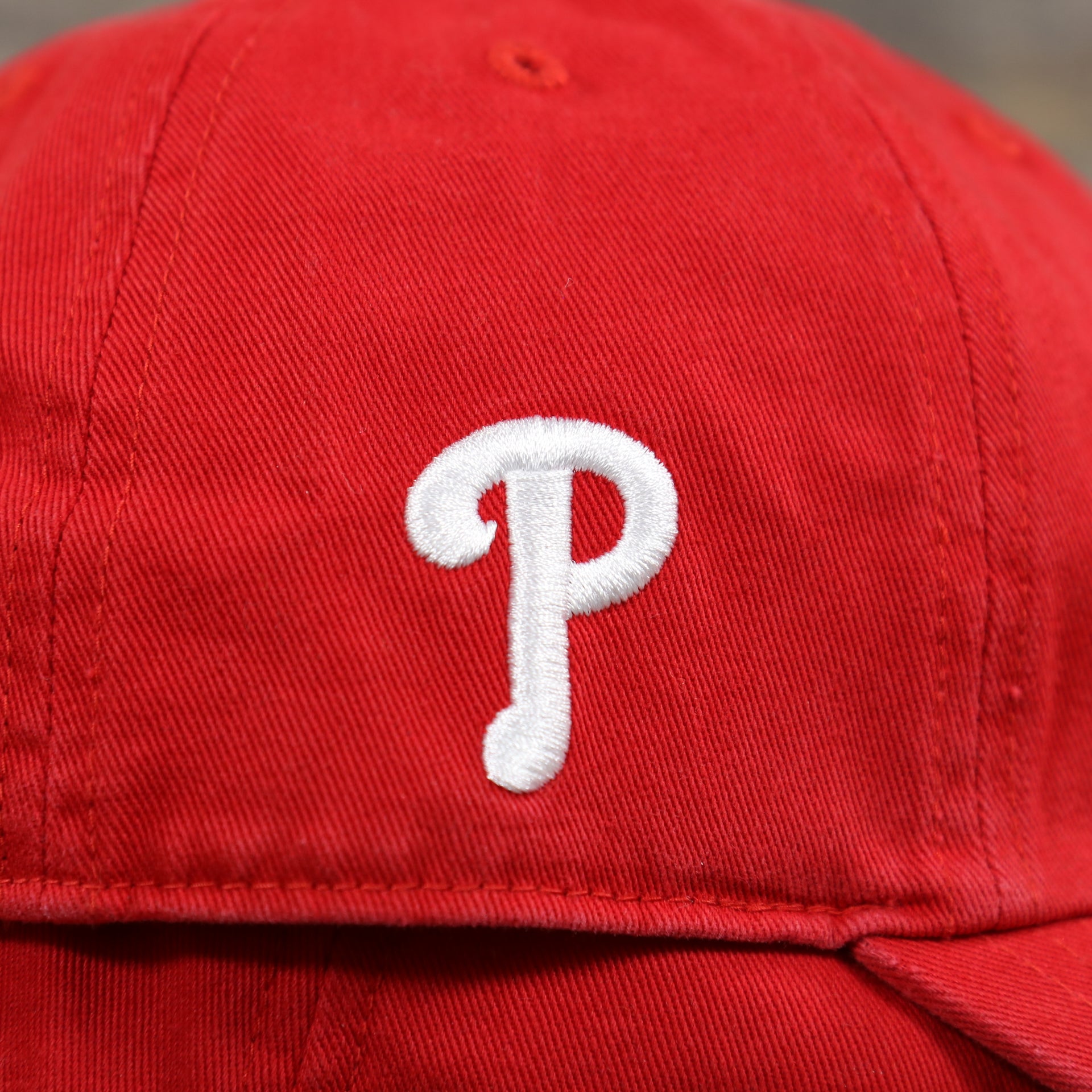 The Phillies Logo Side Patch on the Philadelphia Phillies SIde Patch USA Flag Front Logo Stars And Stripes Dad Hat | Red Dad Hat