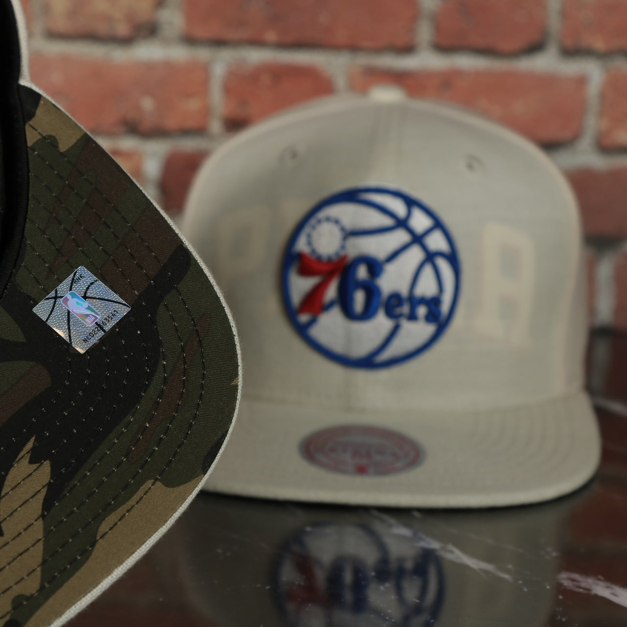 camo under visor on the Philadelphia 76ers Cut Away Snapback Hat | Retro Mitchell and Ness Rip Away Distressed Snapback Hat