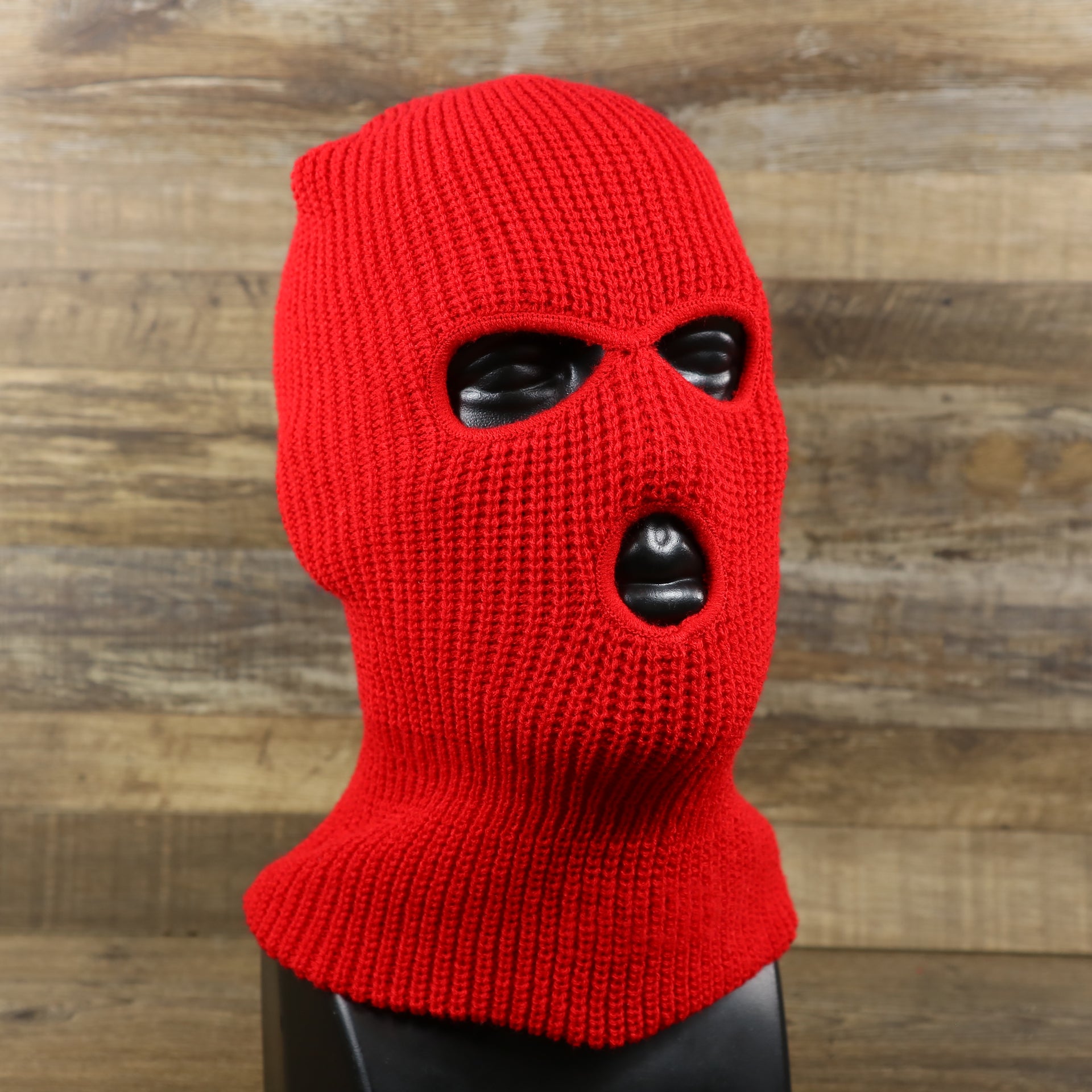 The Cardinal Red Blank Three Hole Winter Knit Ski Mask | Red Ski Mask on a mannequin