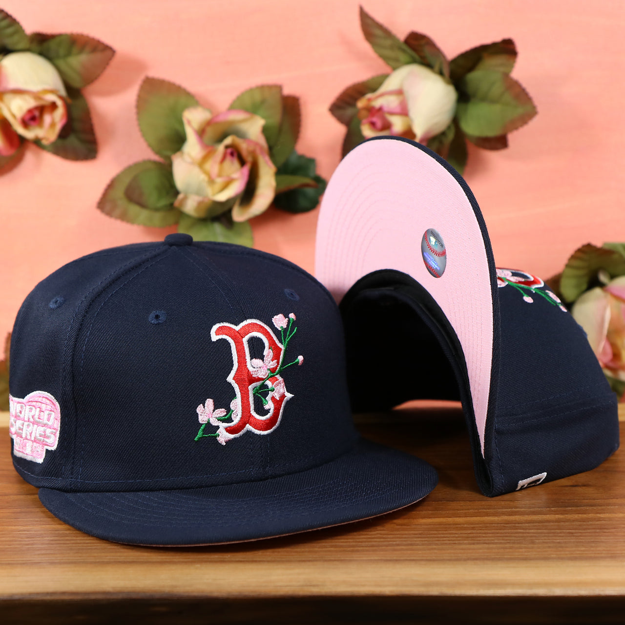 The Boston Red Sox Pink Undervisor Sakura Tree Embroidered 59Fifty Fitted Cap | Navy Blue 59Fifty Cap