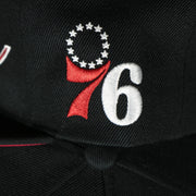 76ers logo on the Philadelphia 76ers Vintage Retro NBA Team Script 2.0 Mitchell and Ness Snapback Hat | Black