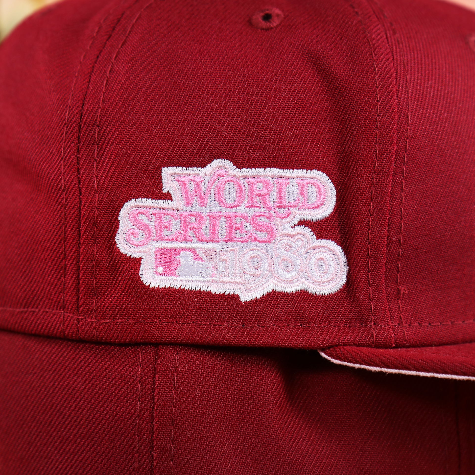 The World Series 1980 Patch on the Cooperstown Philadelphia Philadelphia Pink Undervisor Sakura Tree Embroidered 59Fifty Fitted Cap | Maroon 59Fifty Cap