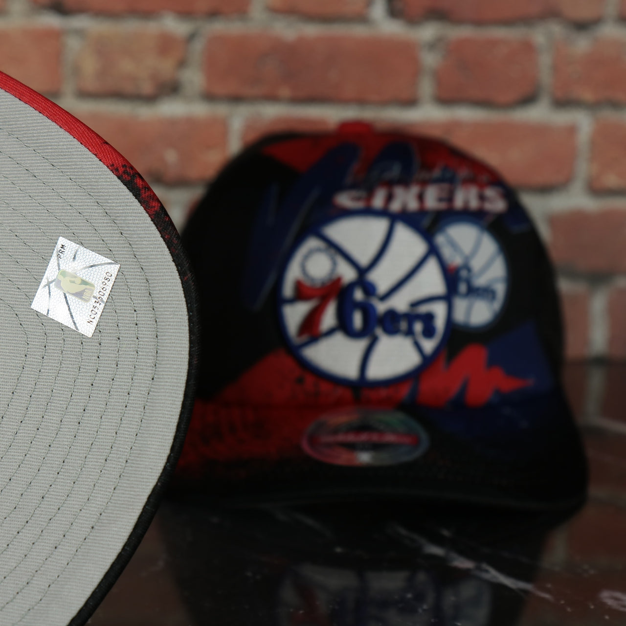 grey under visor on the Philadelphia 76ers NBA Hyper 90s Inspired Mitchell and Ness Trucker Snapback Hat