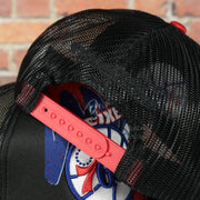 red adjustable snap on the Philadelphia 76ers NBA Hyper 90s Inspired Mitchell and Ness Trucker Snapback Hat