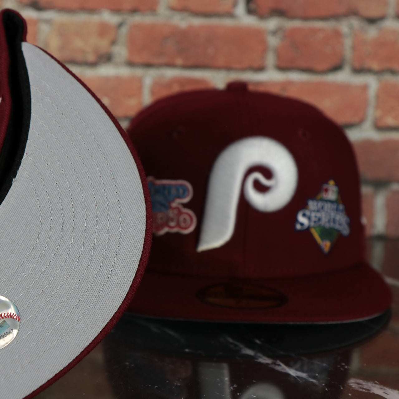 grey under visor on the Philadelphia Phillies Cooperstown All Over Side Patch "Historic Champs" Gray UV 59Fifty Fitted Cap | Maroon 59Fifty Fitted Cap