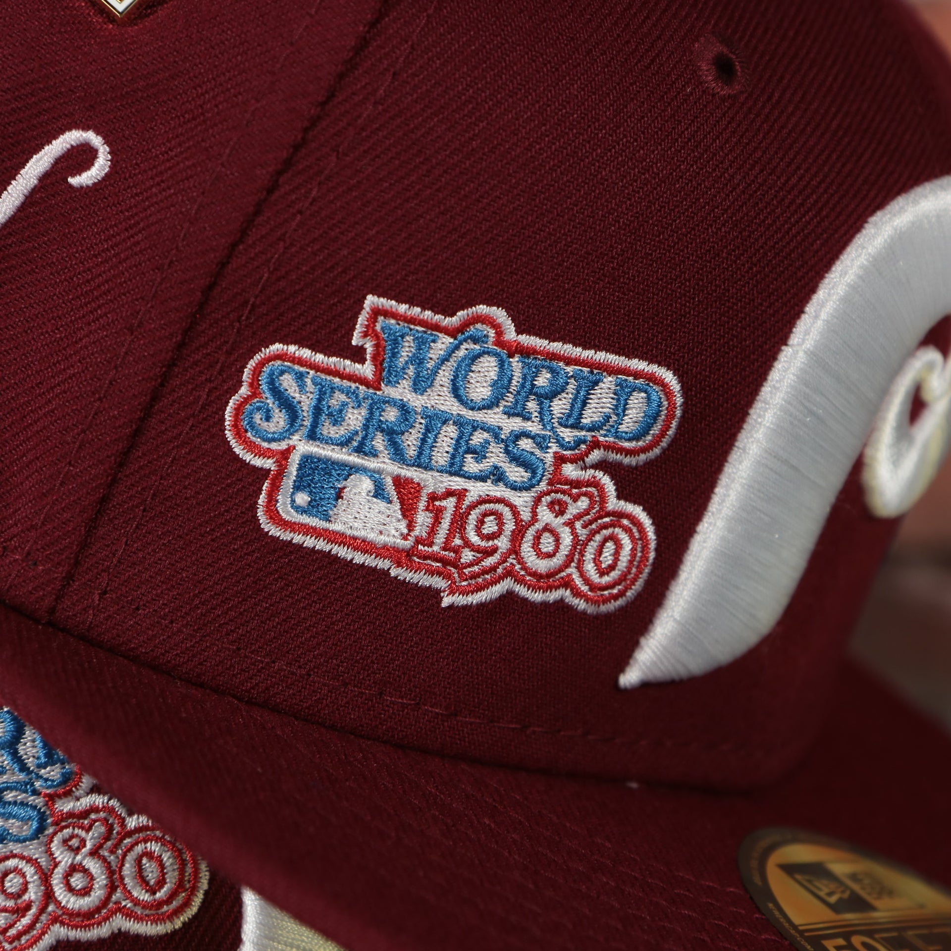 1980 world series patch on the Philadelphia Phillies Cooperstown All Over Side Patch "Historic Champs" Gray UV 59Fifty Fitted Cap | Maroon 59Fifty Fitted Cap