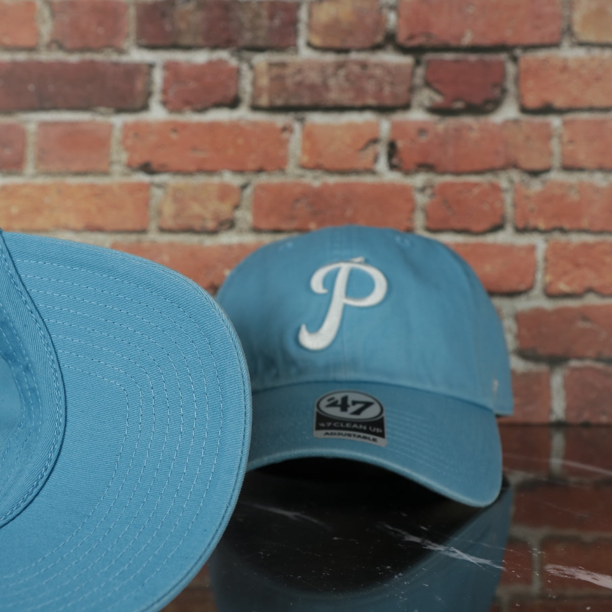 sky blue under visor on the Cooperstown Philadelphia Phillies Vintage White Logo Dad Hat | Columbia Blue Dad Hat