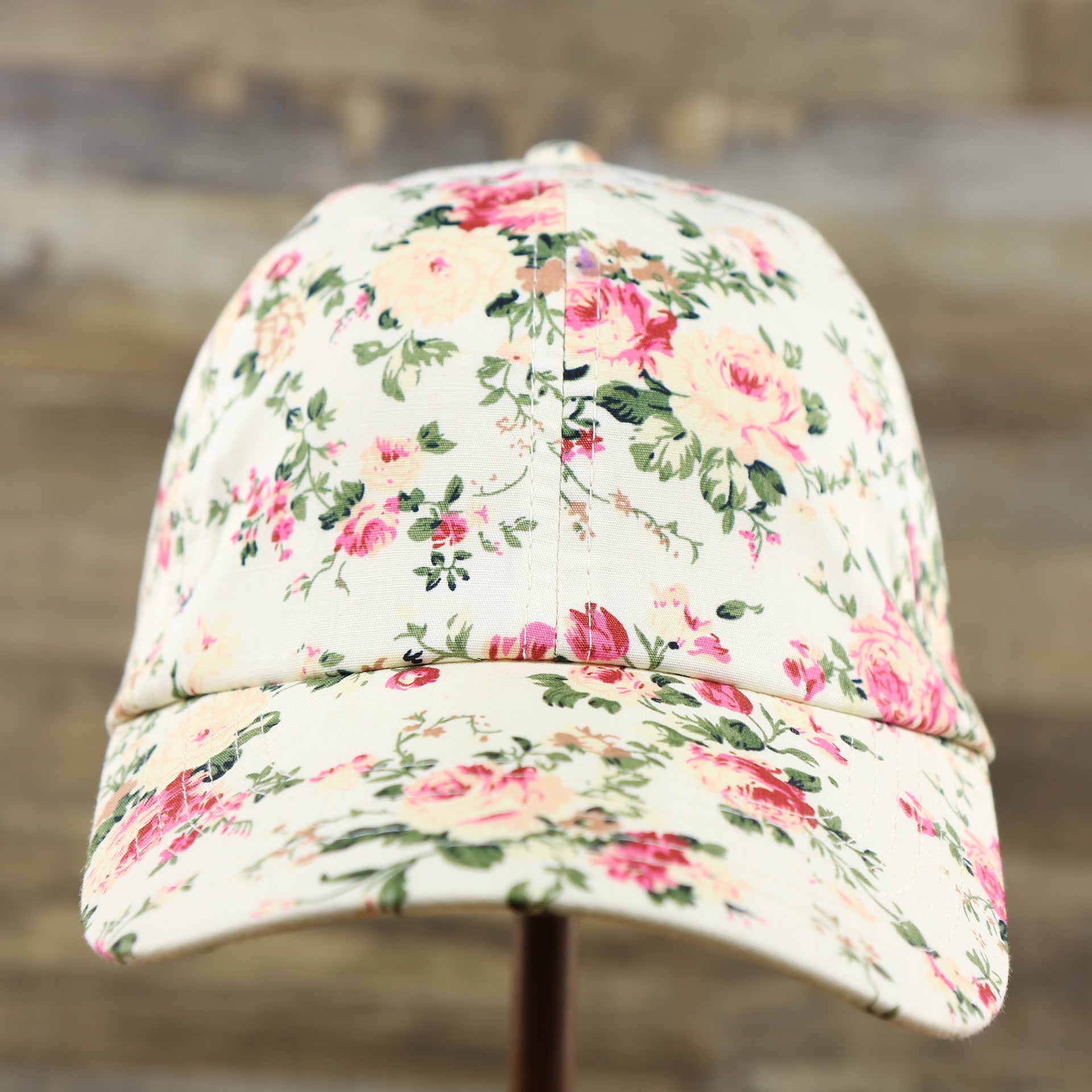 The front of the Floral Print Blank Adjustable Baseball Hat | Cream Dad Hat