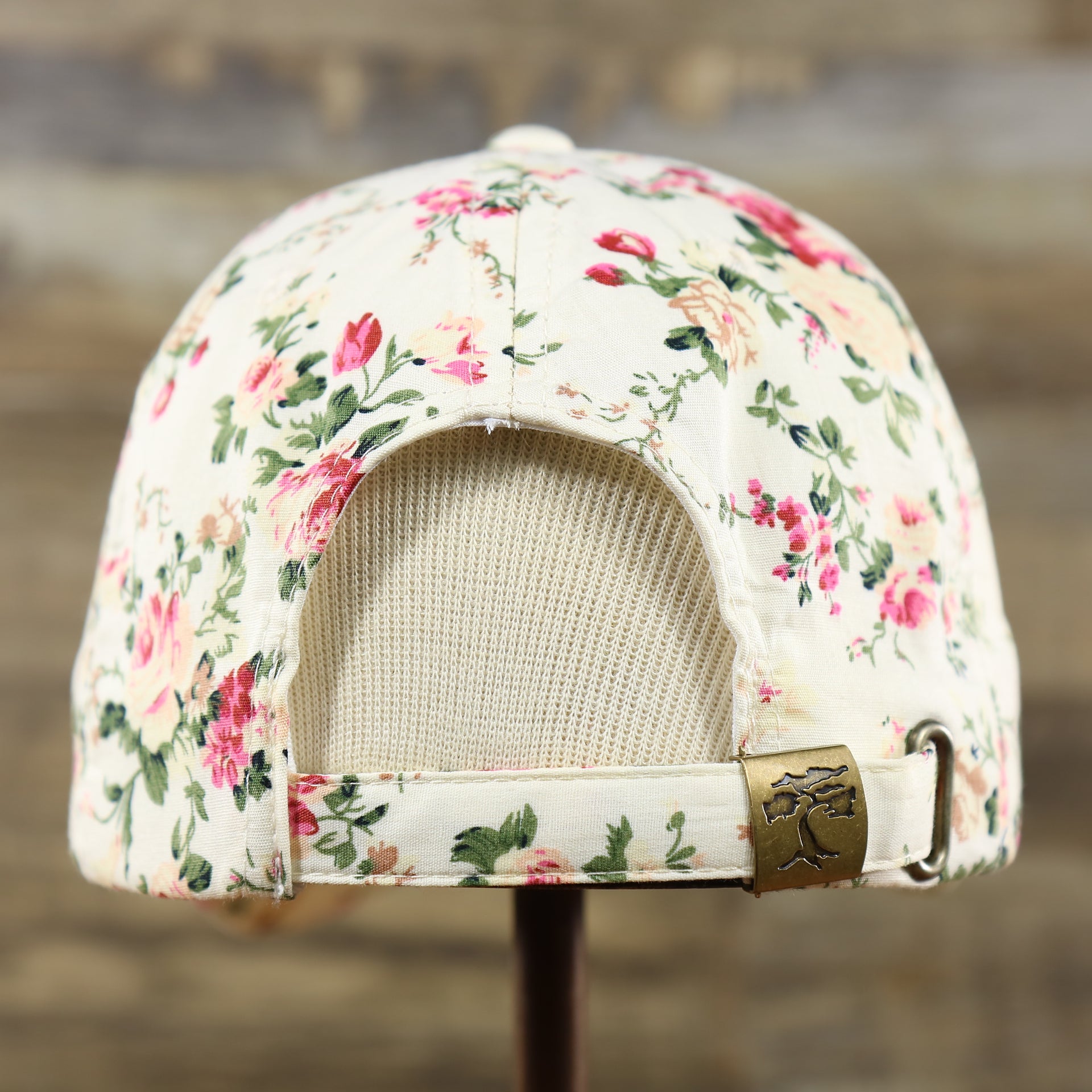 The backside of the Floral Print Blank Adjustable Baseball Hat | Cream Dad Hat
