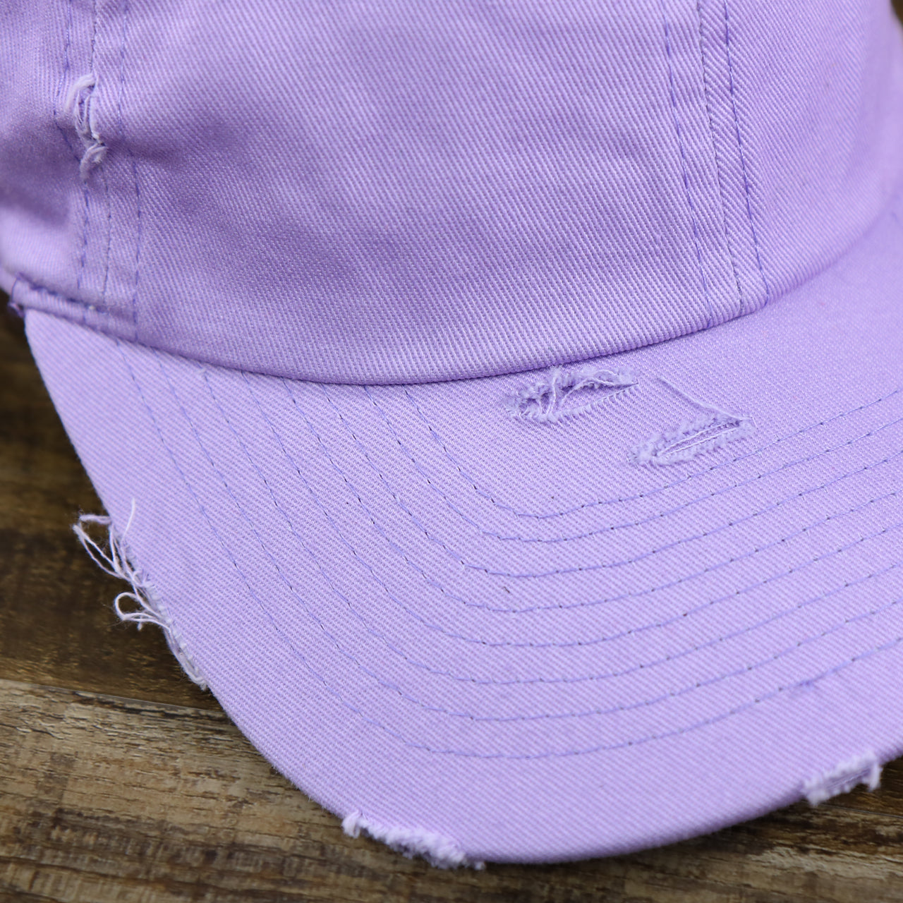 The distressed brim on the Lavender Flat Brim Distressed Blank Baseball Hat | Light Purple Dad Hat