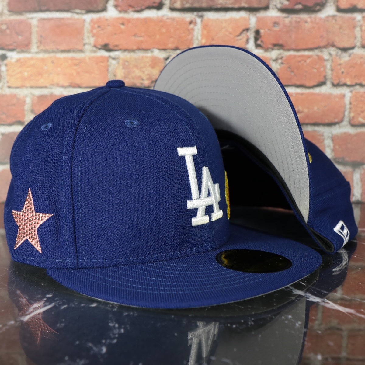 Los Angeles Dodgers Iced Out Side Patch Flower Star Gray Bottom Crystal Icons 59Fifty Fitted Cap