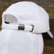 The adjustable strap with Bonsai Engraved Metallic Buckle on Blank Snow White Wash Cloth Baseball Hat | White Dad Hat