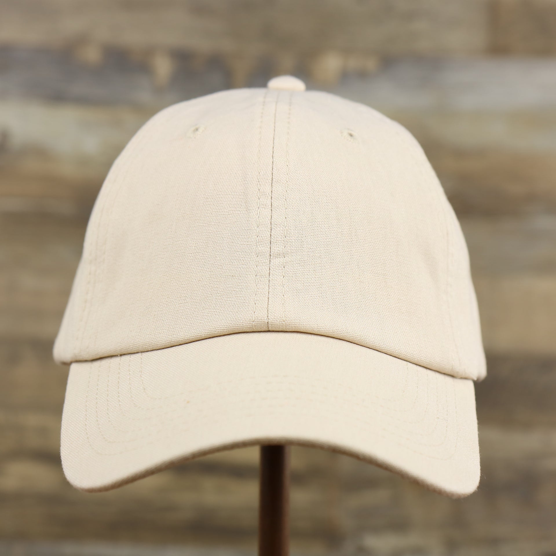 The front of the Khaki Linen Blank Baseball Hat | Blank Tan Dad Hat