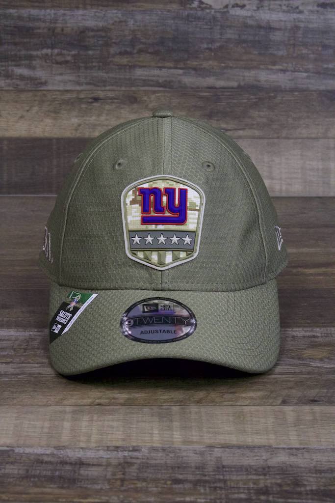 New York Giants 2019 Salute to Service Dad Hat | Olive Green NFL On Field NY Giants Baseball Cap has a rubber patch on the front