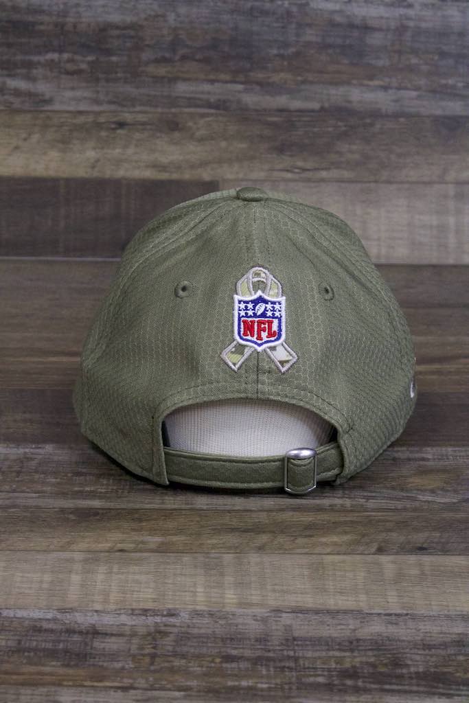 the back of the New York Giants 2019 Salute to Service Dad Hat | Olive Green NFL On Field NY Giants Baseball Cap has an adjustable belt buckle strap