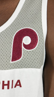 phillies logo on the Philadelphia Phillies Cooperstown "Phillies" Script | Grey/White/Maroon Cotton Tank