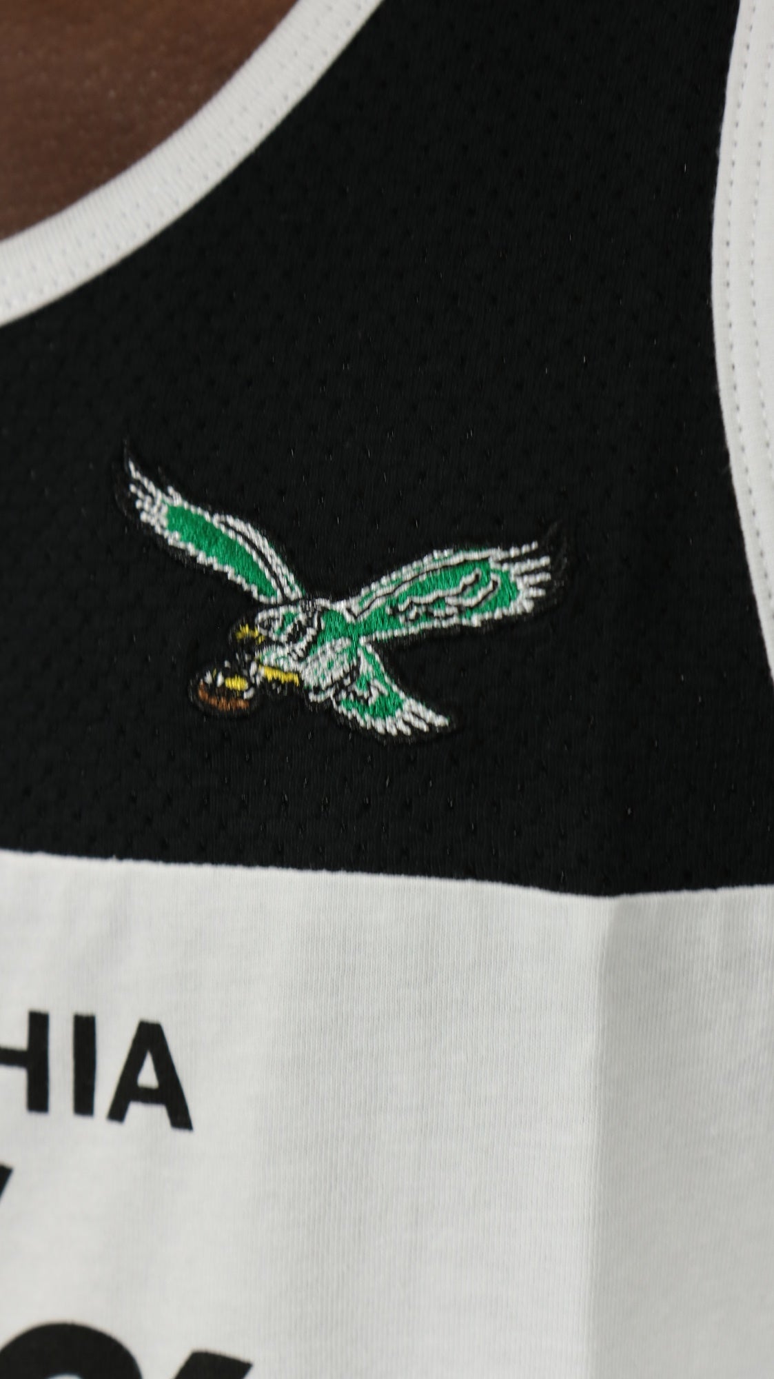 eagles logo on the Philadelphia Eagles Retro NFL "Eagles" Script | Black/White/Kelly Cotton Tank