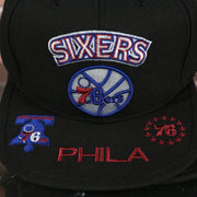 sixers script on the Philadelphia 76ers NBA Front Loaded "Phila" script Green bottom Black Snapback Hat | Mitchell and Ness Snapback Cap