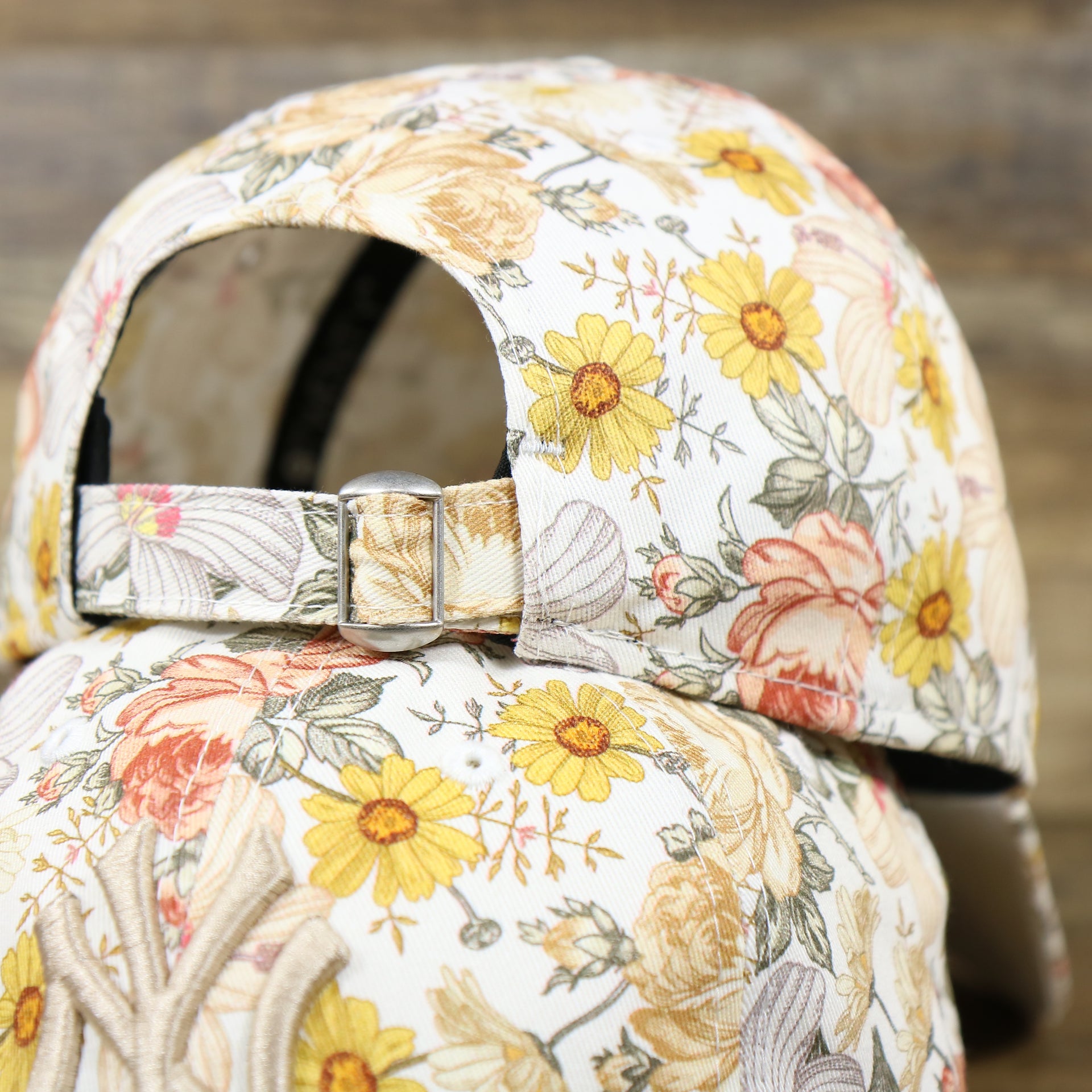 Adjustable strap on the back of the New York Yankees All Over Sunflower Rose Floral Fall Flower Bloom Print Ladies' Ball Cap
