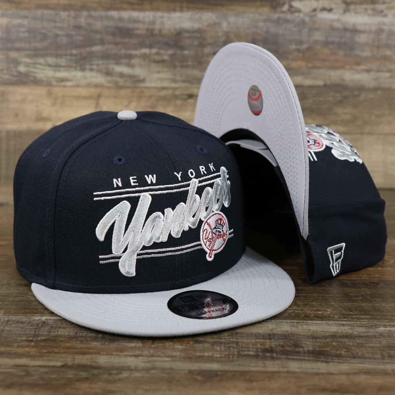 New York Yankees "Team Script" College Bar Style 9Fifty Snapback Hat | Vintage Logo, Navy/Grey