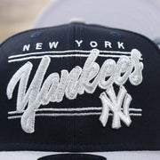 The New York Yankees Team script on the New York Yankees "Team Script" College Bar Style 9Fifty Snapback Hat | Current Logo, Navy/Grey