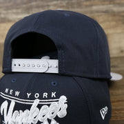 The backside of the New York Yankees "Team Script" College Bar Style 9Fifty Snapback Hat | Current Logo, Navy/Grey