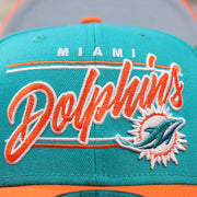 The Miami Dolphins Team Script on Miami Dolphins Team Script Gray Bottom 9Fifty Snapback | Aqua and Orange Snap Cap