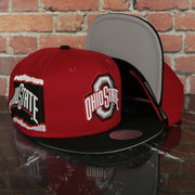 Ohio State Buckeyes NCAA Jumbotron "Ohio State" Ripped Wordmark side patch Grey Bottom Red/Black Snapback hat | Mitchell and Ness Two Tone Snap Cap