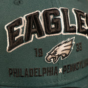 Close up of the front lettering on the Vintage Philadelphia Eagles Cap | 1933 Philadelphia x Pennsylvania Midnight Green 9Fifty Snapback Hat