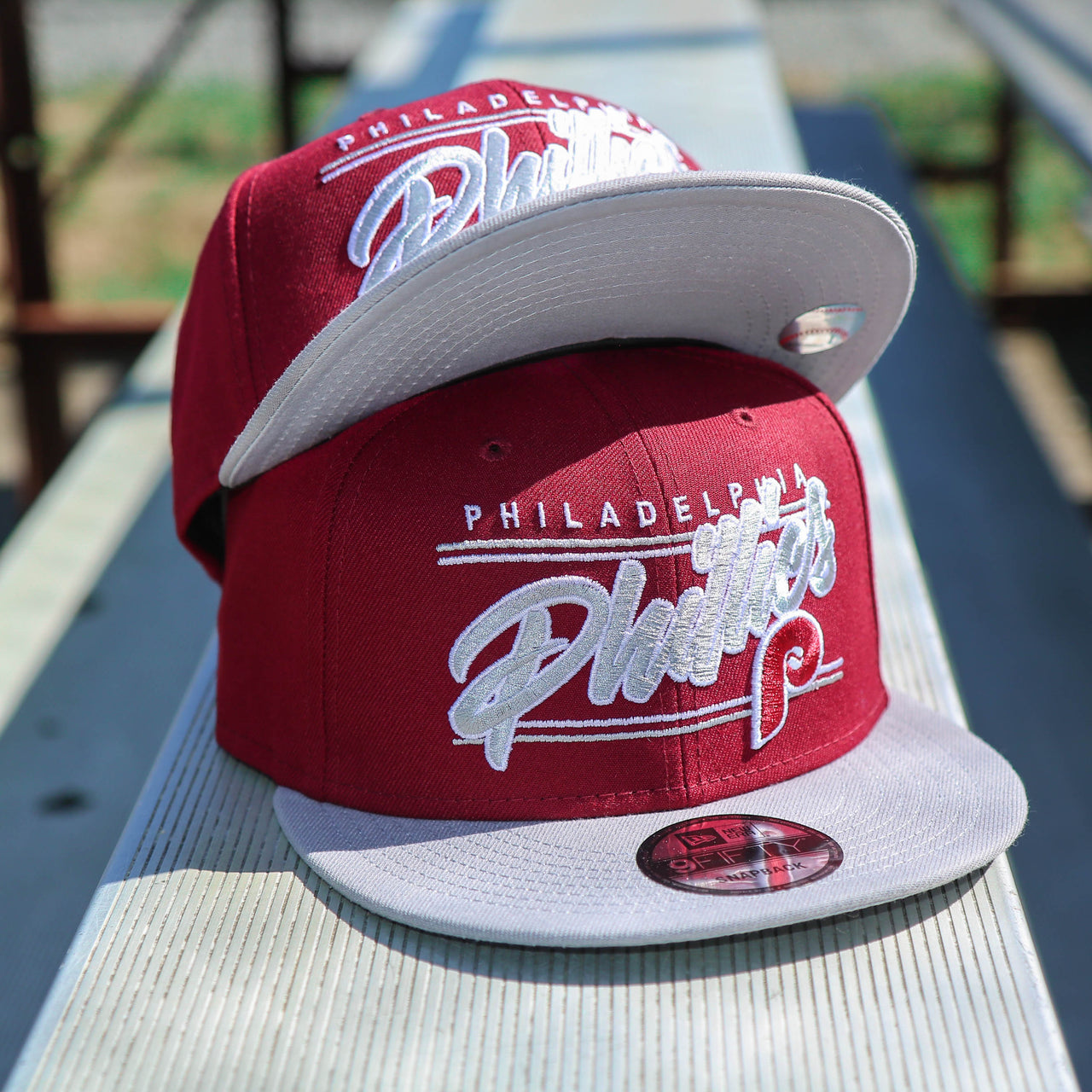 The Philadelphia Phillies Team Script Gray Bottom 9Fifty Snapback | Maroon And Grey Snap Cap