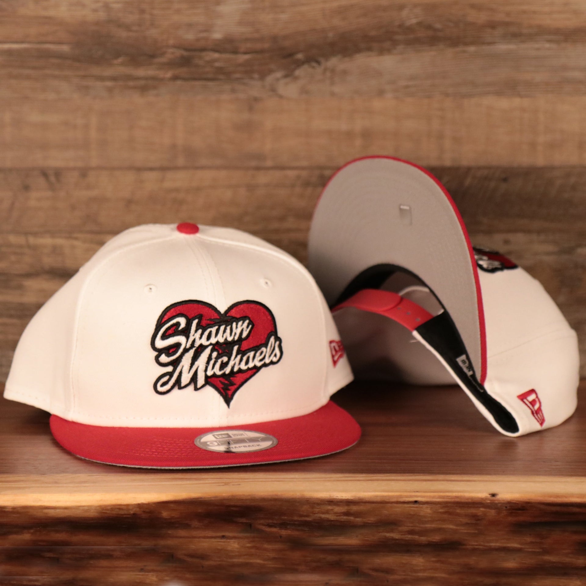 front and bottom of the Shawn Michaels Heart Break Kid White 9Fifty White Gray Bottom Snapback