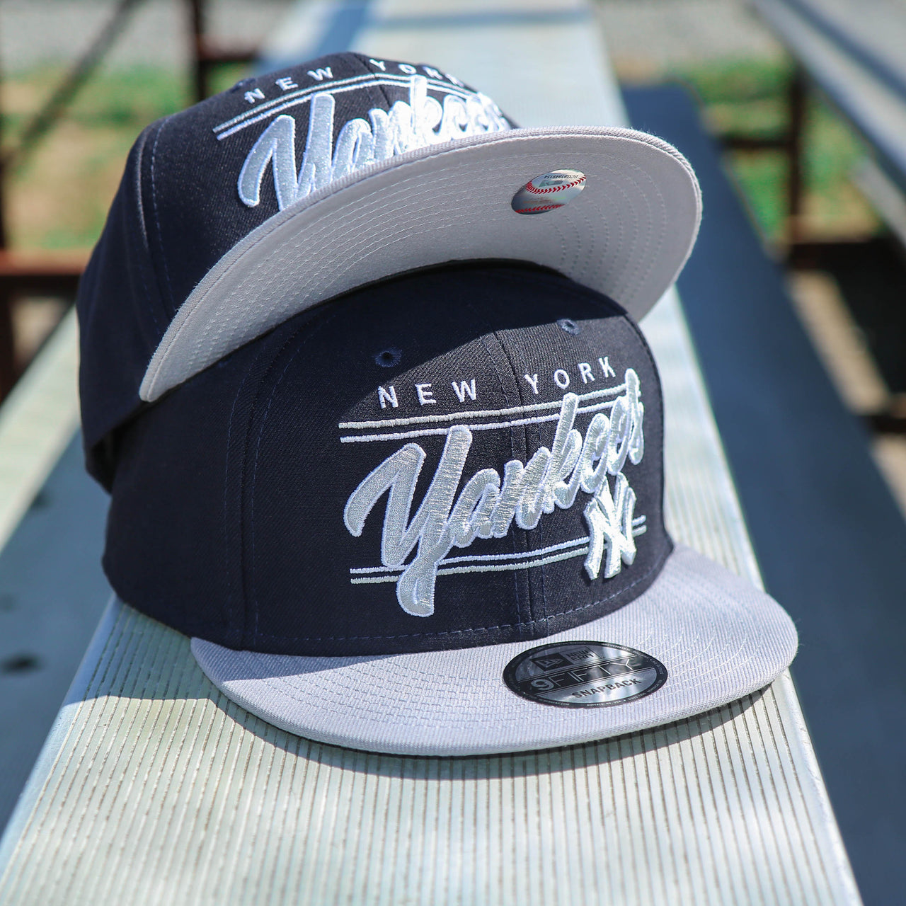The New York Yankees "Team Script" College Bar Style 9Fifty Snapback Hat | Current Logo, Navy/Grey