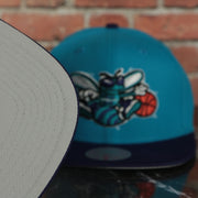 grey under visor on the Charlotte Hornets Hardwood Classics Jumbotron "Charlotte" Ripped Wordmark side patch Grey Bottom Teal/Purple Snapback hat | Mitchell and Ness Two Tone Snap Cap