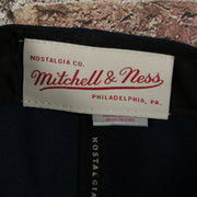 mitchell and ness label on the New Jersey Nets Hardwood Classics Jumbotron "Nets" Ripped Wordmark side patch Grey Bottom Navy/Red Snapback hat | Mitchell and Ness Two Tone Snap Cap