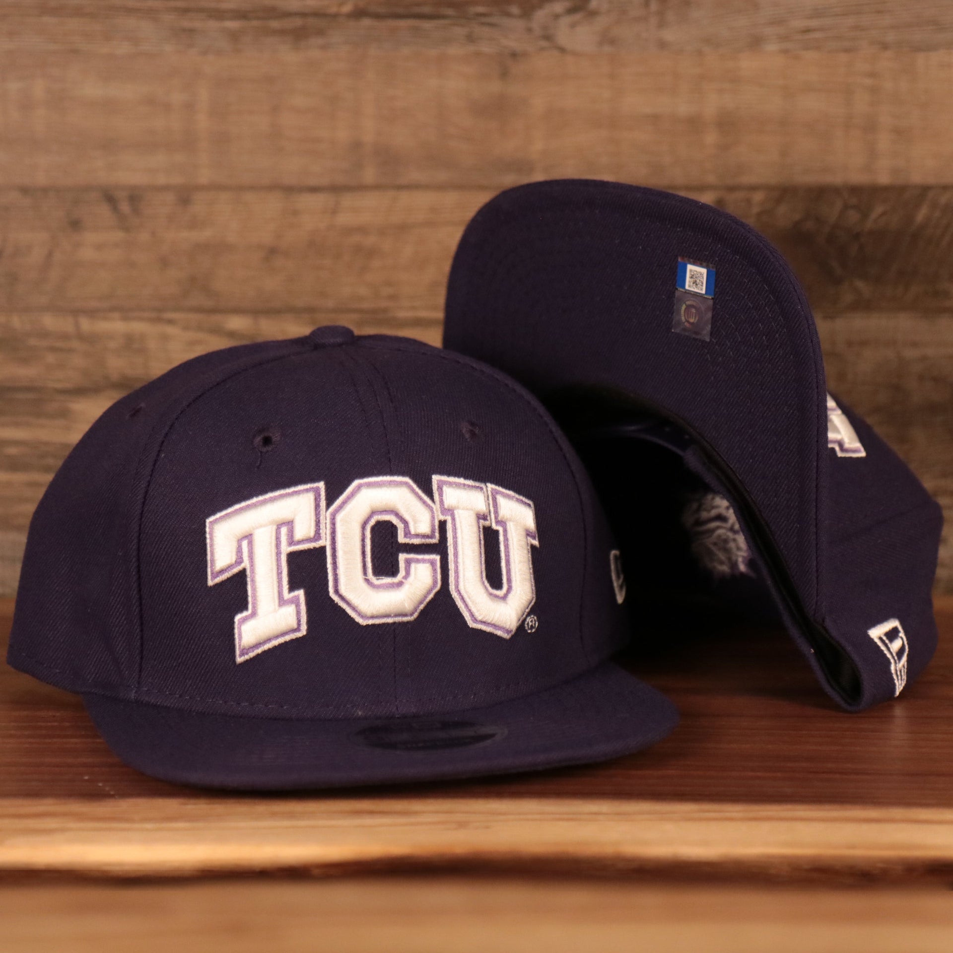 front and bottom of the TCU Horned Frogs Purple Adjustable Snapback Cap