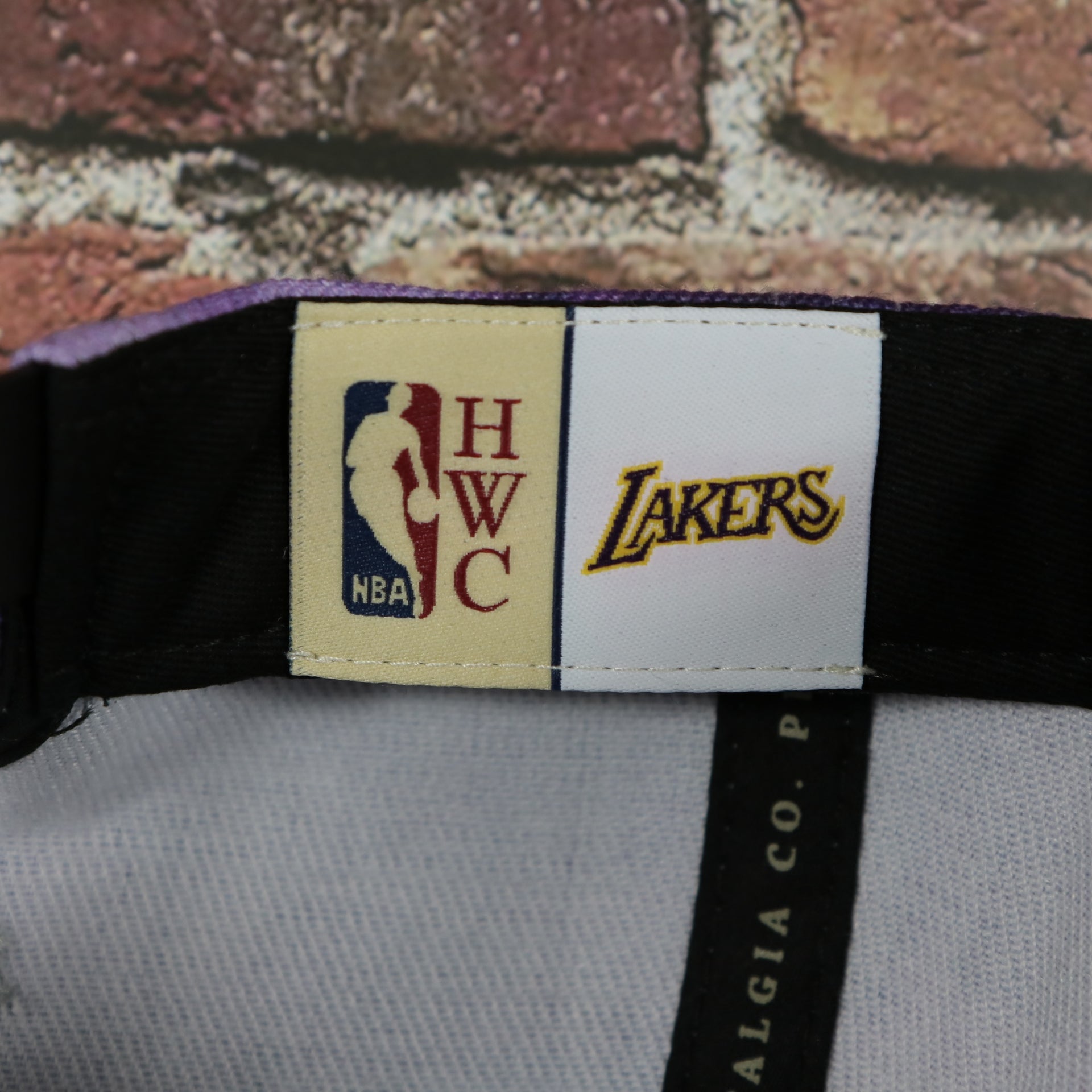 nba hwc label on the Los Angeles Lakers Galaxy Purple Reflective Script Mitchell and Ness Snapback Hat