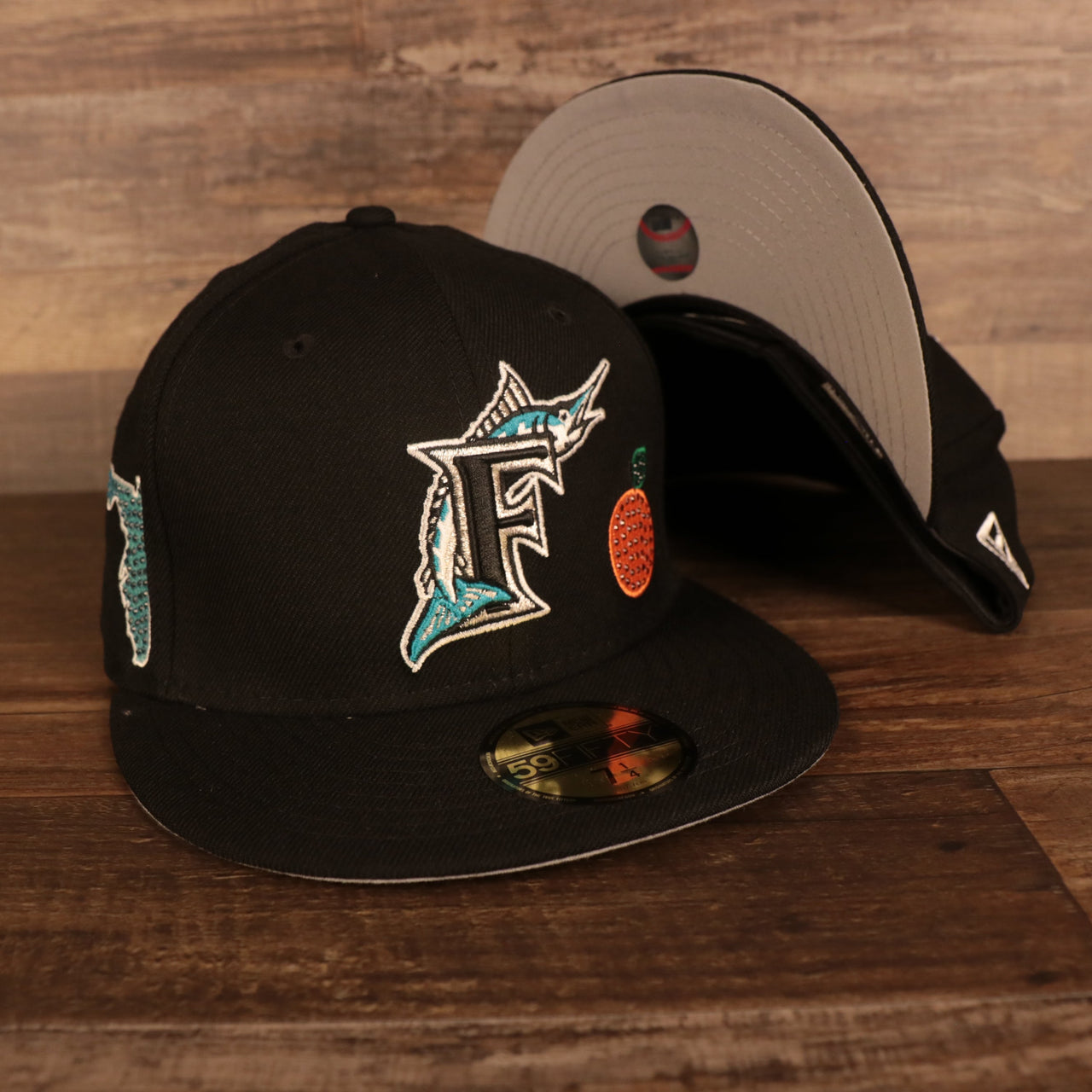 Florida Marlins Retro Cooperstown Iced Out Side Patch Orange Florida Gray Bottom 59Fifty Fitted Cap
