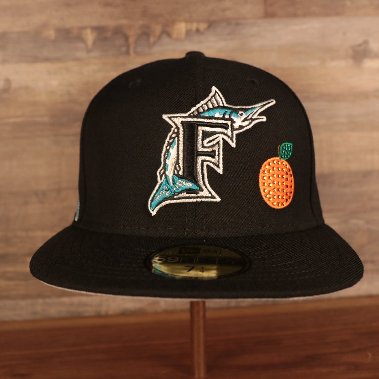 Florida Marlins Retro Cooperstown Iced Out Side Patch Orange Florida Gray Bottom 59Fifty Fitted Cap