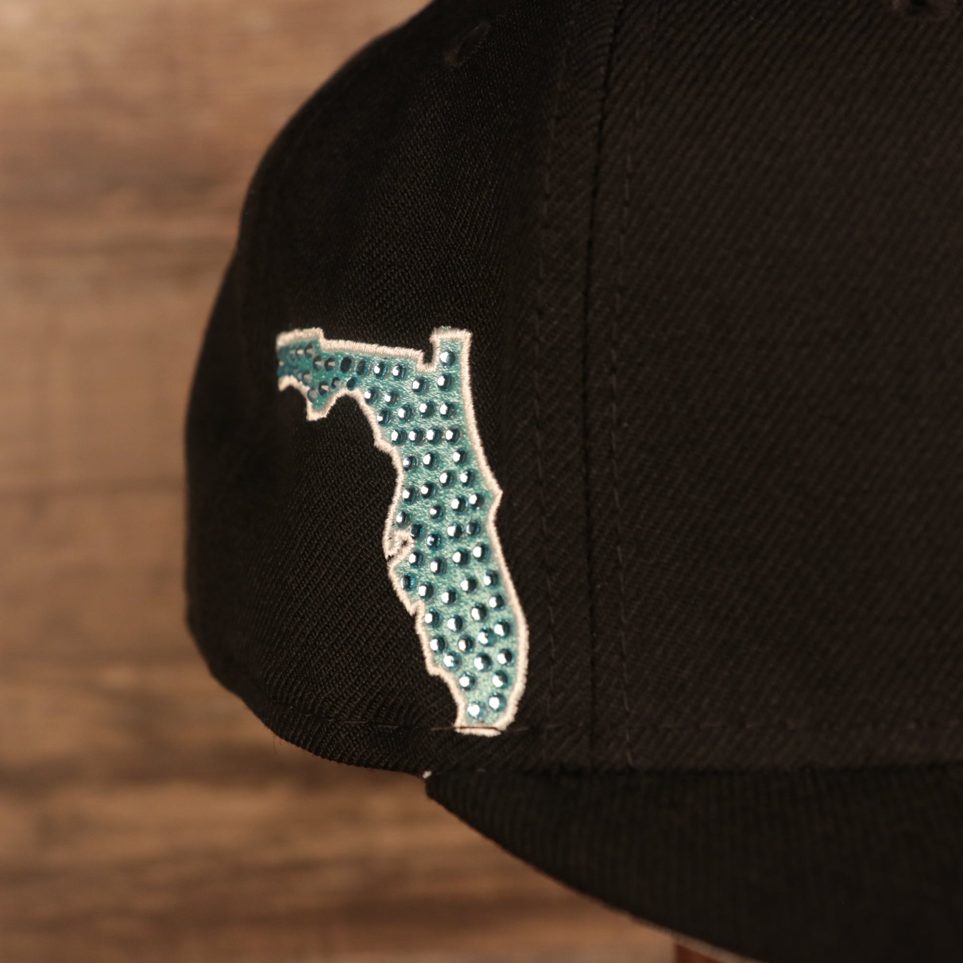 Close up of the Florida state side patch Florida Marlins Retro Cooperstown Iced Out Side Patch Orange Florida Gray Bottom 59Fifty Fitted Cap