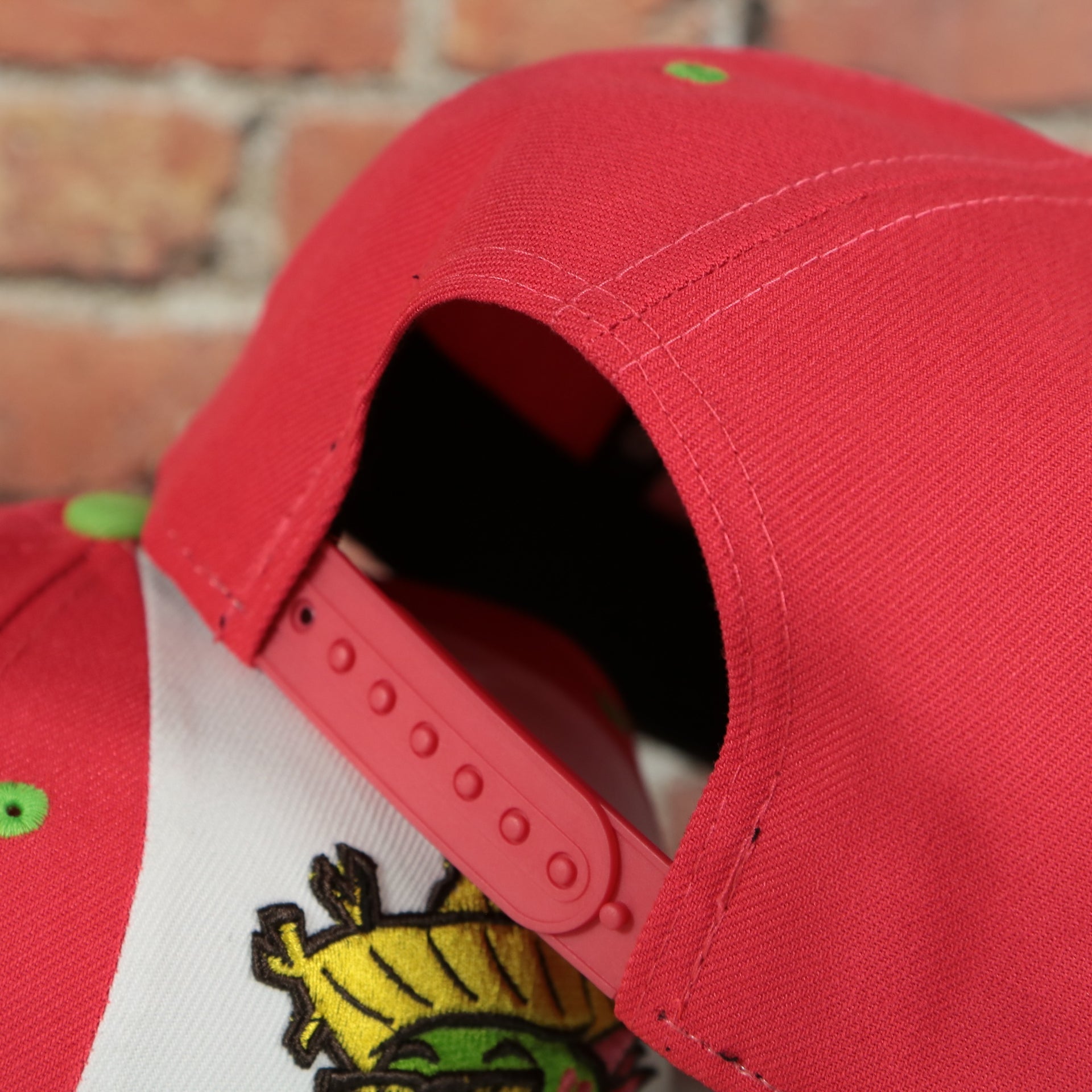 pink adjustable snap on the Harrisburg Senators Iguana Copa De La Diversion 2023 Tri-Tone Black Bottom 9Fifty Snapback Hat | Red/White/Green 950